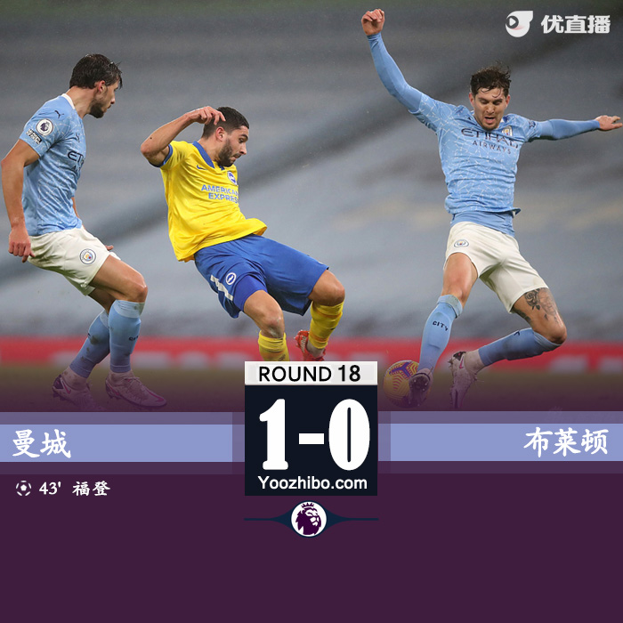 曼城1-0布莱顿 福登建功斯特林失点