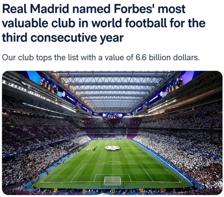 皇马登顶！福布斯2024年世界最有价值足球队榜首