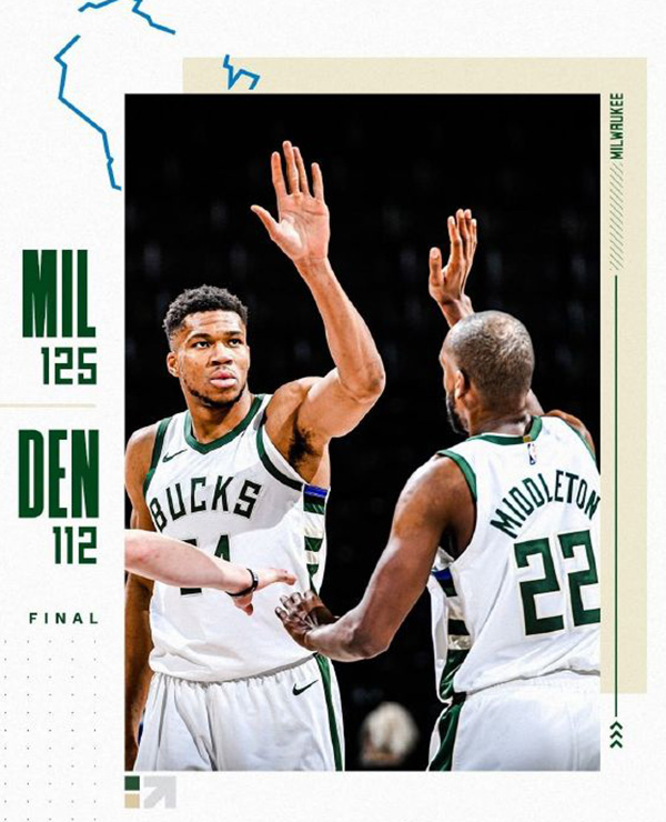 雄鹿125-112轻取掘金 字母哥30+9 米德尔顿29+8+12 约基奇35+12+6