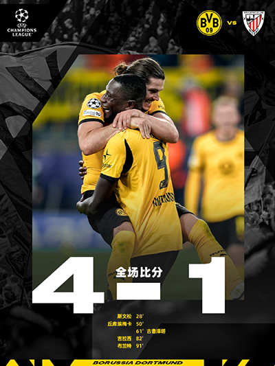 欧冠：多特4-1毕尔巴鄂 丘库埃梅卡破门 聚勒失误