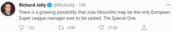 记者挖苦穆帅: 可能是唯一一个被炒的欧超主帅