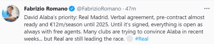 名记: 阿拉巴与皇马达协议, 签4年年薪1200万