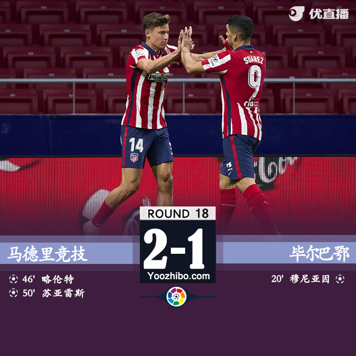 马竞2-1毕尔巴鄂 欧冠-B席传射热苏斯破门