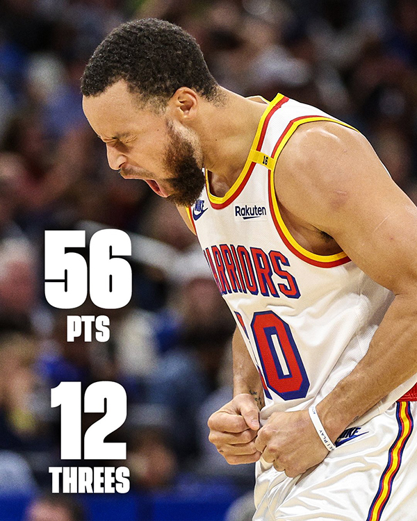 库里56分+12记三分狂刷12项纪录 客场球迷集体倒戈高呼MVP