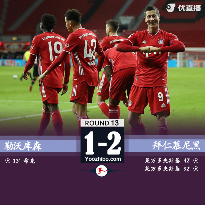 德甲简报：拜仁2-1勒沃库森 莱万双响+读秒绝杀
