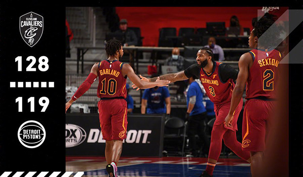 NBA简报：骑士128-119险胜活塞 塞克斯顿32分