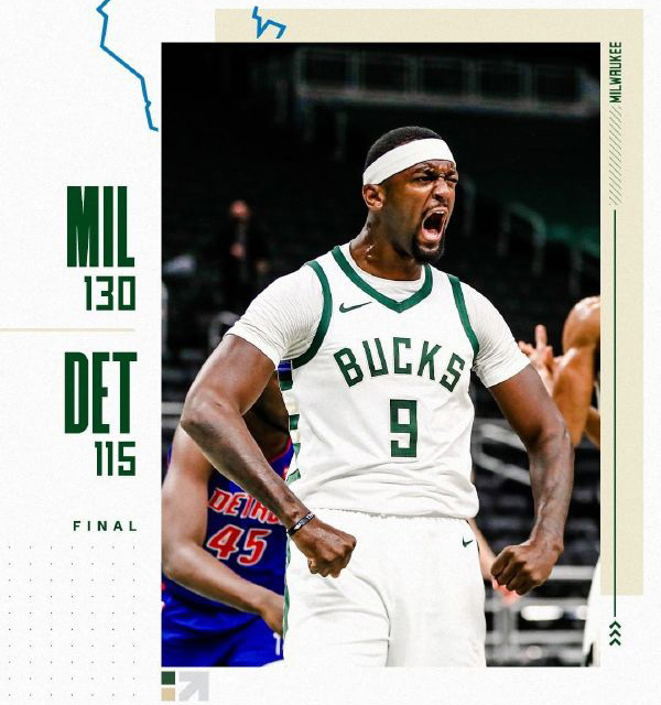 雄鹿130-115大胜活塞 字母哥25+8 格兰特31+9