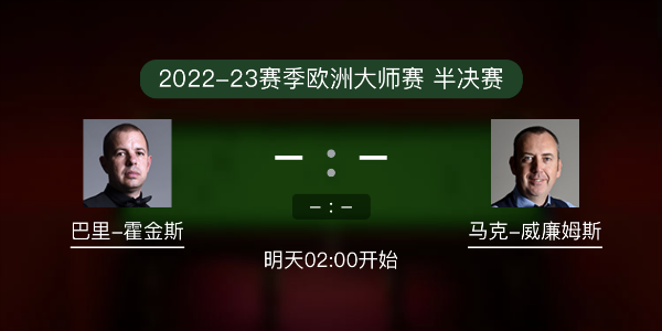 欧洲大师赛半决赛 巴里-霍金斯vs马克-威廉姆斯赛事前瞻和交手记录