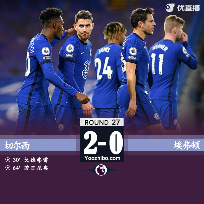 切尔西2-0埃弗顿 哈弗茨造乌龙+造点若鸟点射