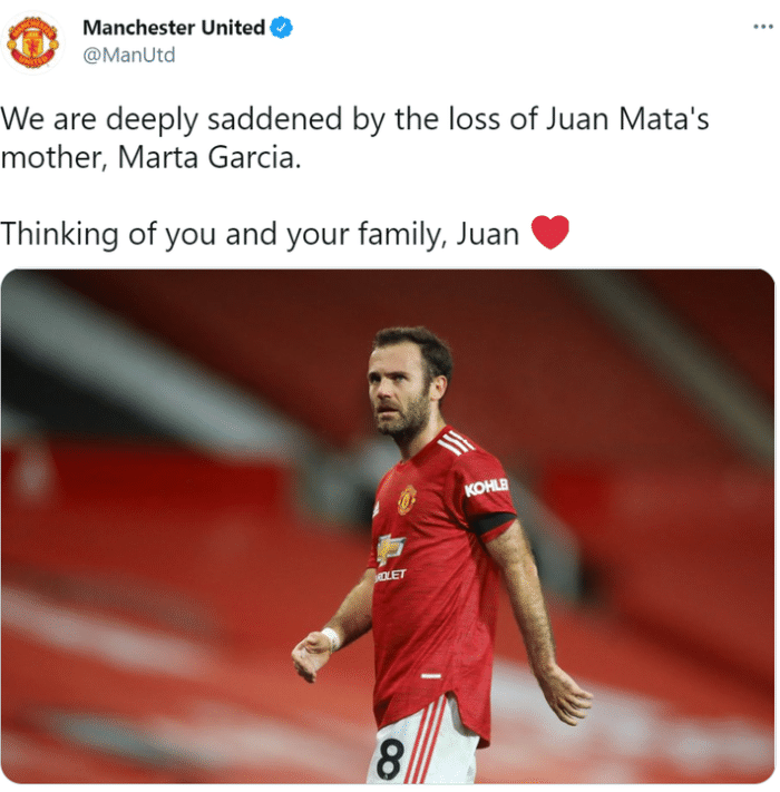 马塔母亲因病逝世, 曼联与瓦伦西亚官推致哀