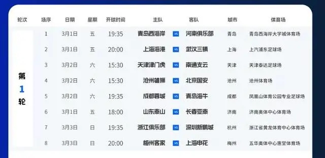 中超官方：第一轮山东泰山对阵长春亚泰比赛日期提前至3月1日