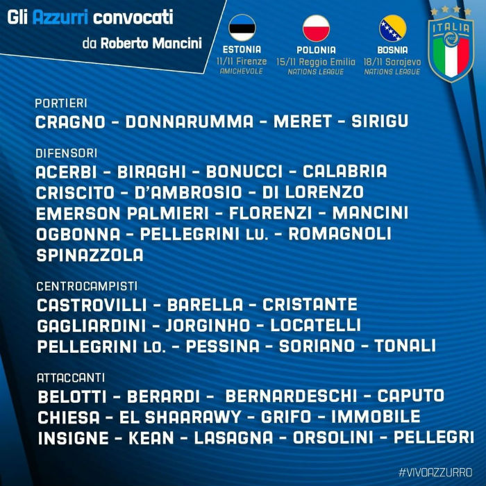 意大利男足最新一期大名单：因莫比莱、若日尼奥领衔!