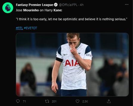 穆里尼奥：凯恩伤的不严重，他对我们非常重要