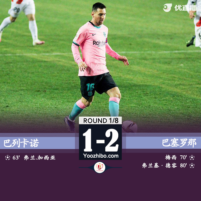 巴塞罗那2-1逆转巴列卡诺晋级 梅西德容破门格子阿尔巴助攻