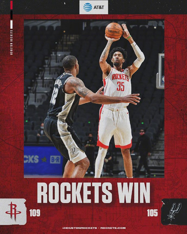 火箭109-105逆转马刺 伍德27+15 约翰逊29+6