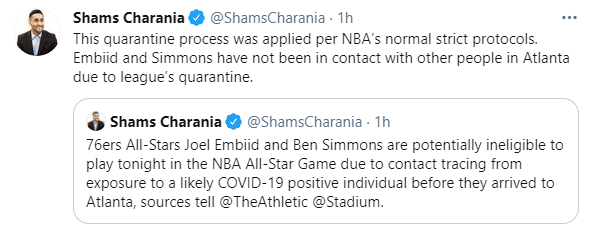 NBA全明星起波澜！恩比德西蒙斯接触新冠患者缺席，锡安进入首发