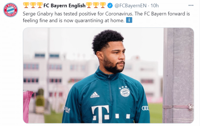拜仁官方: 格纳布里新冠阳性, 无缘出战巴黎