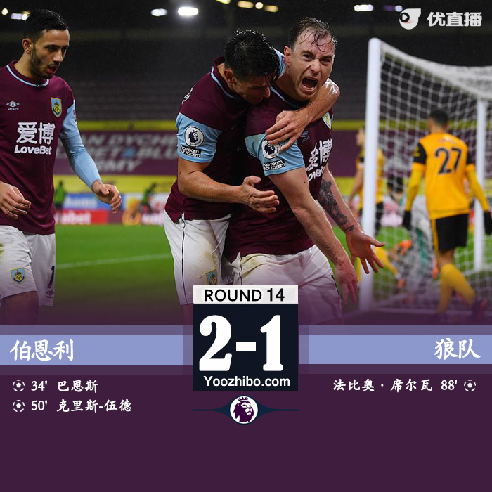 英超简报：伯恩利2-1击败狼队 巴恩斯伍德建功席