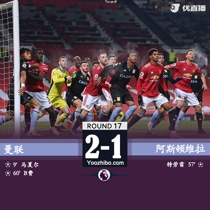 英超简报：曼联2-1击败阿斯顿维拉 马夏尔破门B费点射