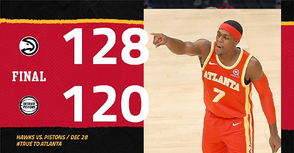 NBA简报：老鹰128-120战胜活塞 特雷-杨29+6