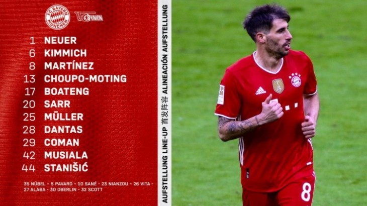 拜仁vs柏林联合首发：穆勒领衔 莱万、格纳布里等人缺阵